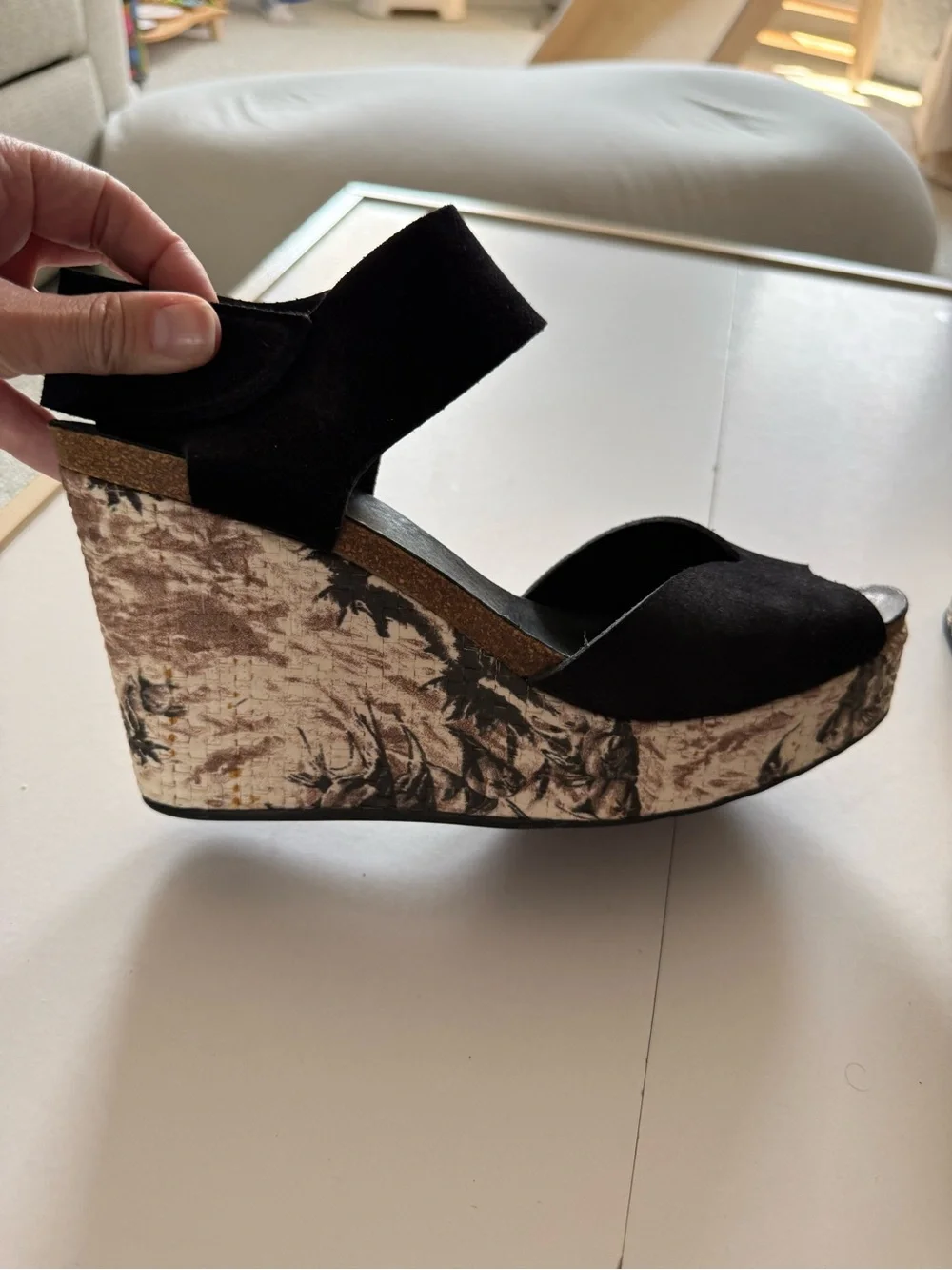 Pedro Garcia Black Suede Wedge Sandals with Patterned Cork Platform